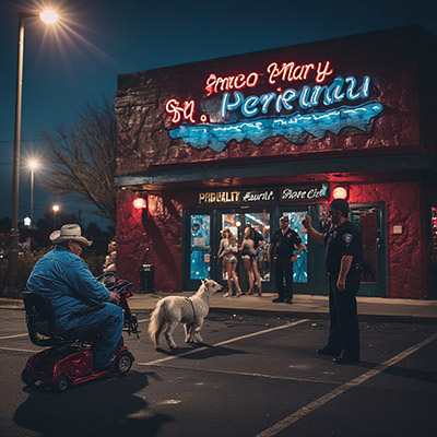 Man attempting to enter a club on a red scooter.