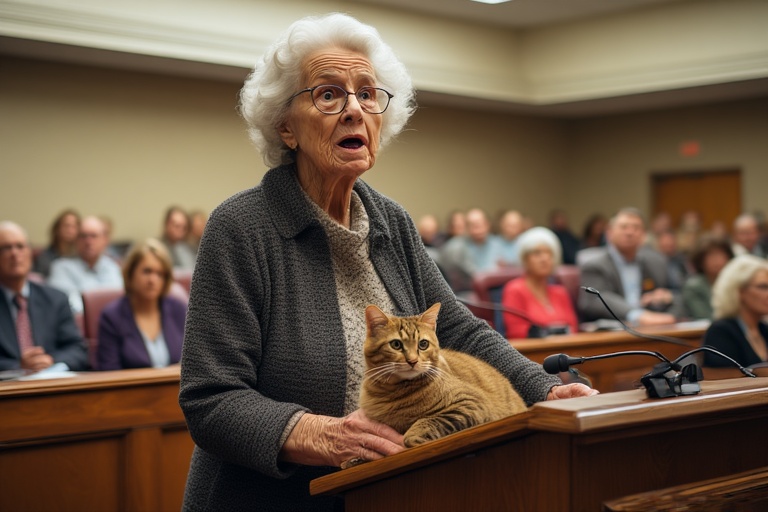 Woman at town hall meeting with cat.